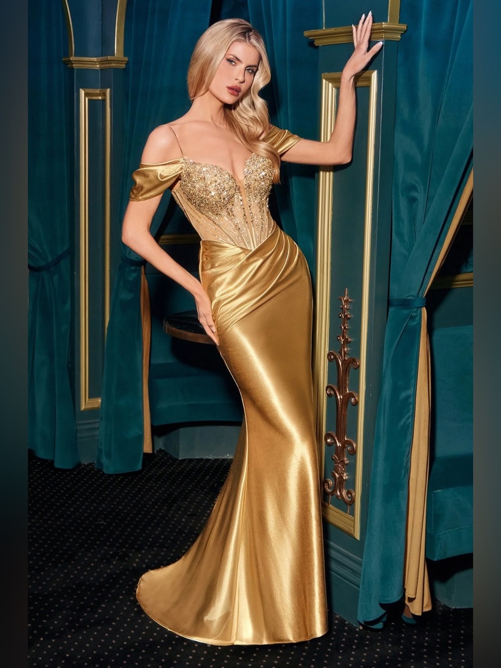 Gold Off-Shoulder Evening Gown